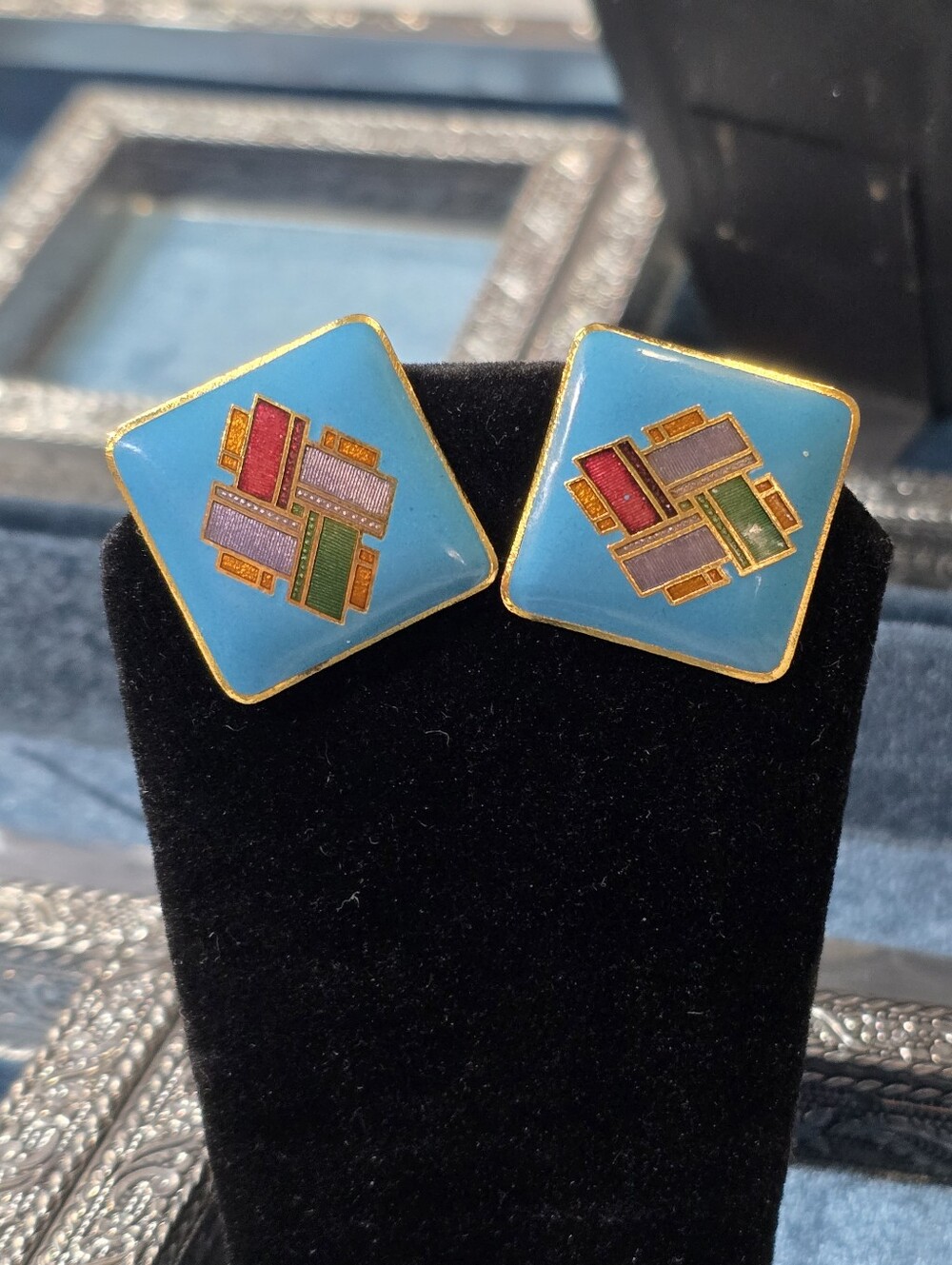 Vintage Siti Turquoise Enamel Geometric Square Post Earrings - Gold Trim